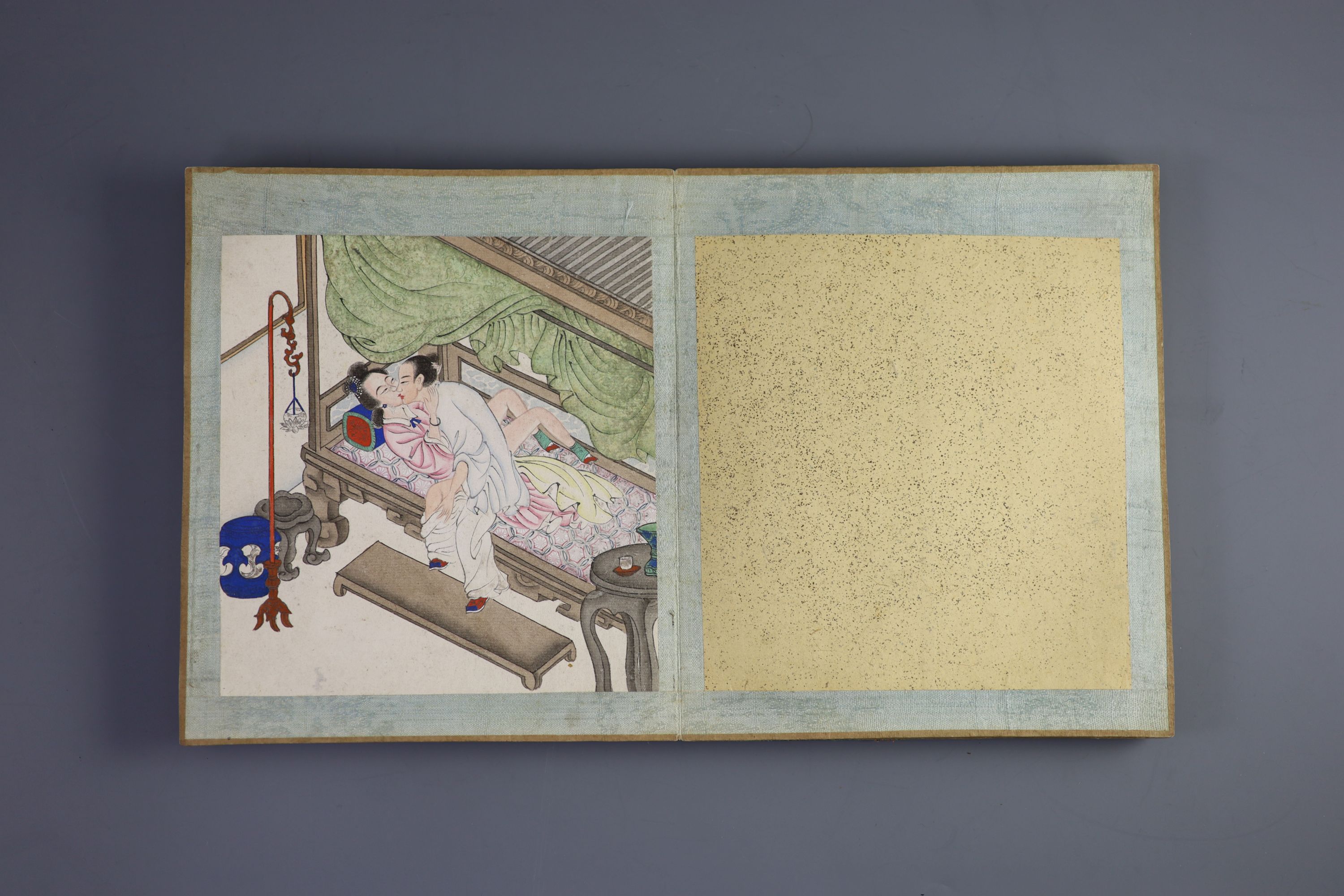 A Chinese album of twelve erotic paintings, late 19th century Total dimensions 19.3 cm x 16.4 cm